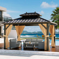 GarveeHome Outdoor Hardtop Gazebos 10 x 12 ft Permanent with High Strength Aluminum Frame, Double-Roof, Pavilion with Curtain and Netting for Patio, Lawn, Deck, Garden (Darkbrown, 10x12 ft)