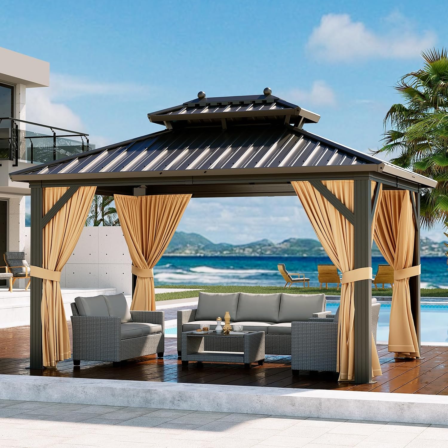 GarveeHome Outdoor Hardtop Gazebos 10 x 12 ft Permanent with High Strength Aluminum Frame, Double-Roof, Pavilion with Curtain and Netting for Patio, Lawn, Deck, Garden (Darkbrown, 10x12 ft)