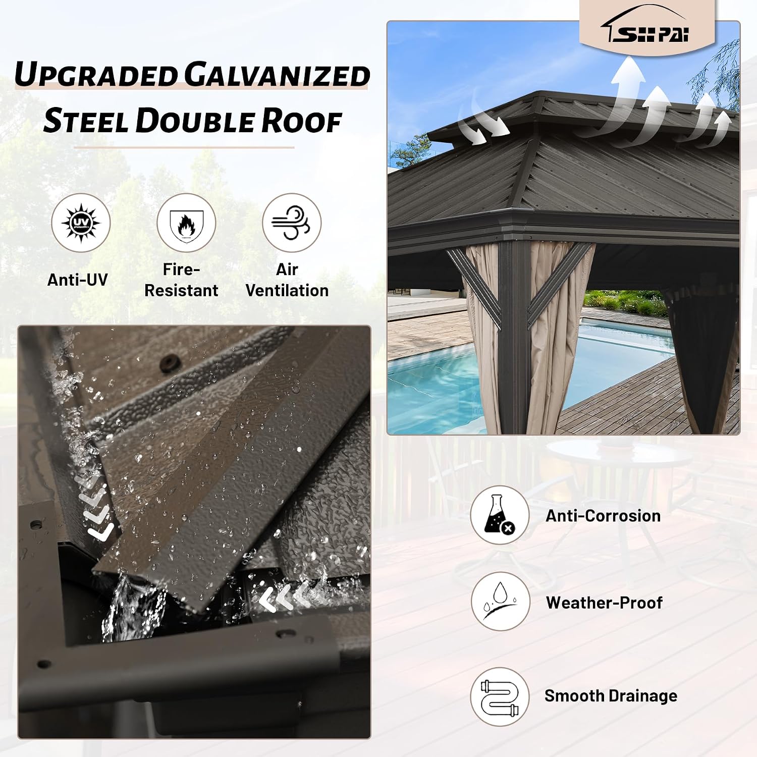 10' x 12' Outdoor Hardtop Gazebo with Gutters, Double Roof Galvanized Metal Gazebo for Backyard, Patio, Deck, Hot Tub, Heavy Duty Canopy Permanent Pavilion with Curtains and Netting, Brown