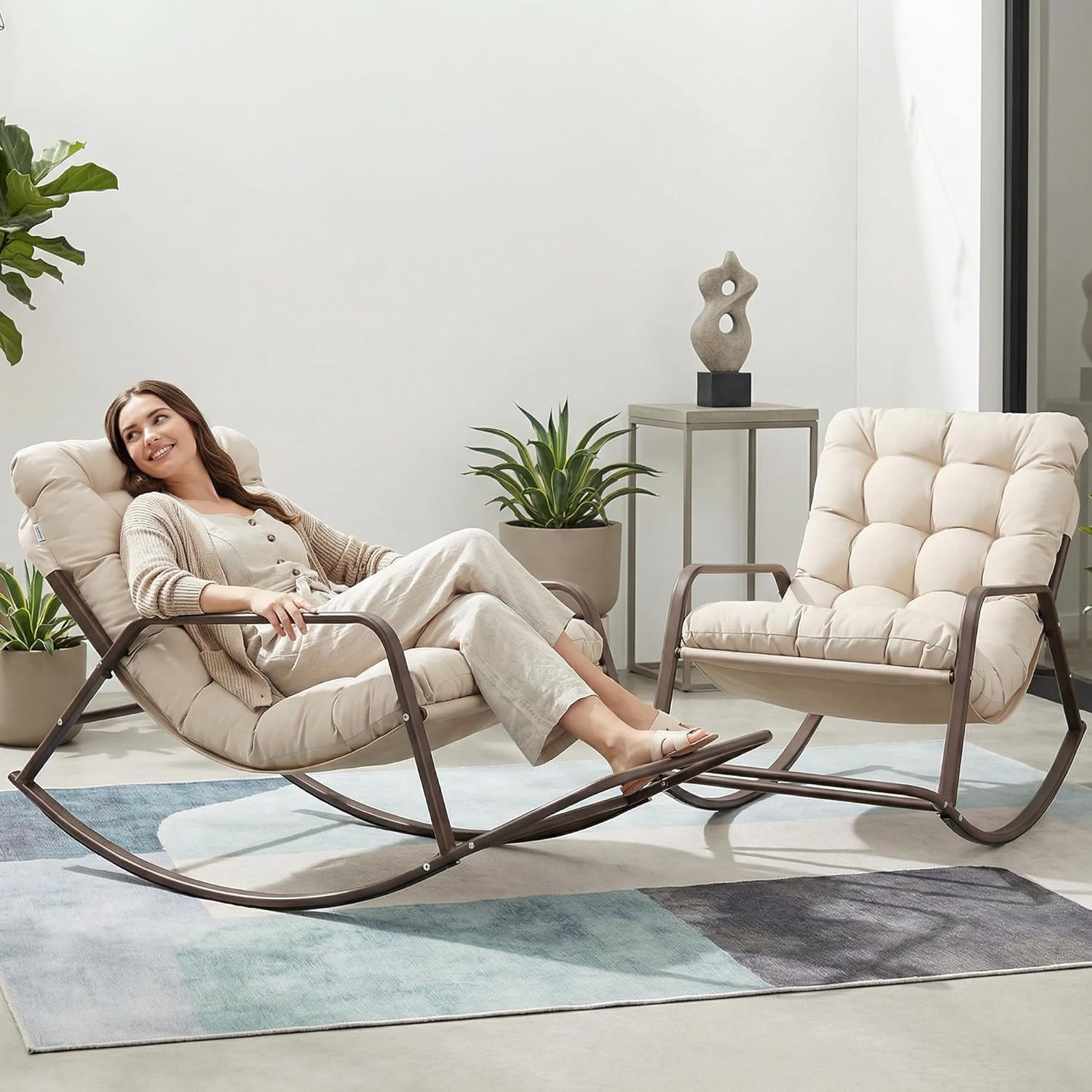 BULEXYARD Beige 2 Pcs Oversized Indoor Outdoor Lounge Royal Rocking Chair with Armrest Footrest for Napping Relaxing, Heavy Duty Patio Reclining Papasan Rocker Chair with Padded Cushion