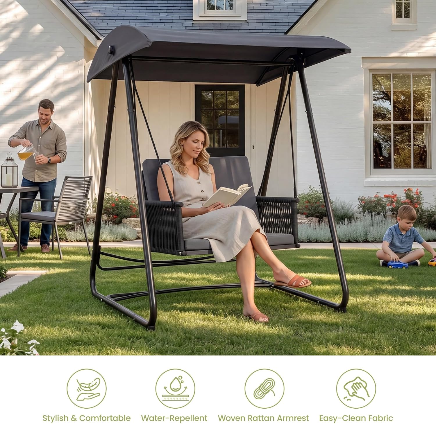 Porch Swing with Stand, Outdoor Swing with Canopy, All Weather Outdoor Swings for Adults, 400lbs Heavy Duty Porch Swings with Removable Cushions, Single Hanging Chair for Small Space, Grey