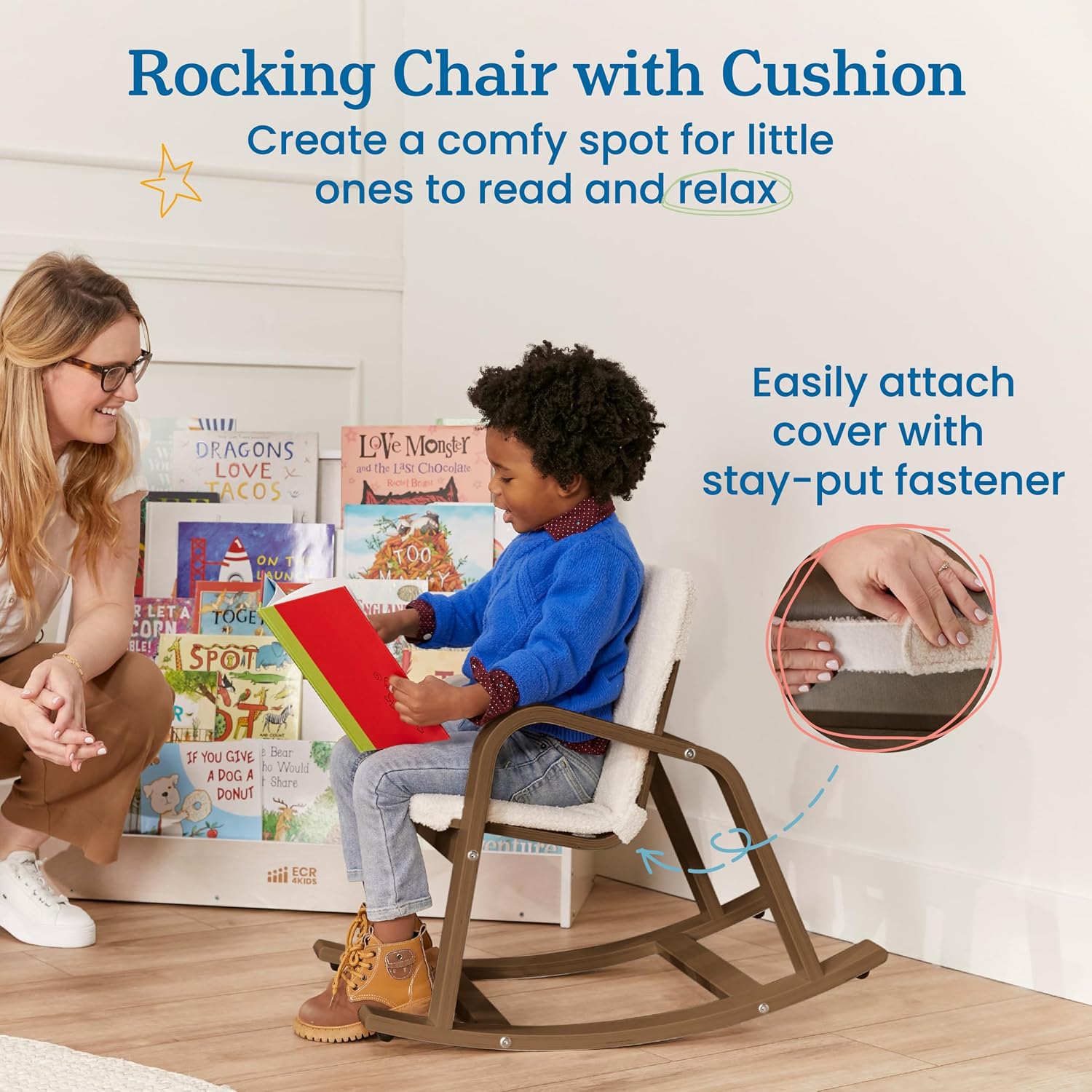 ECR4Kids Bentwood Reading Rocking Chair with Armrests and Cushion, Montessori Furniture, Grey Wash