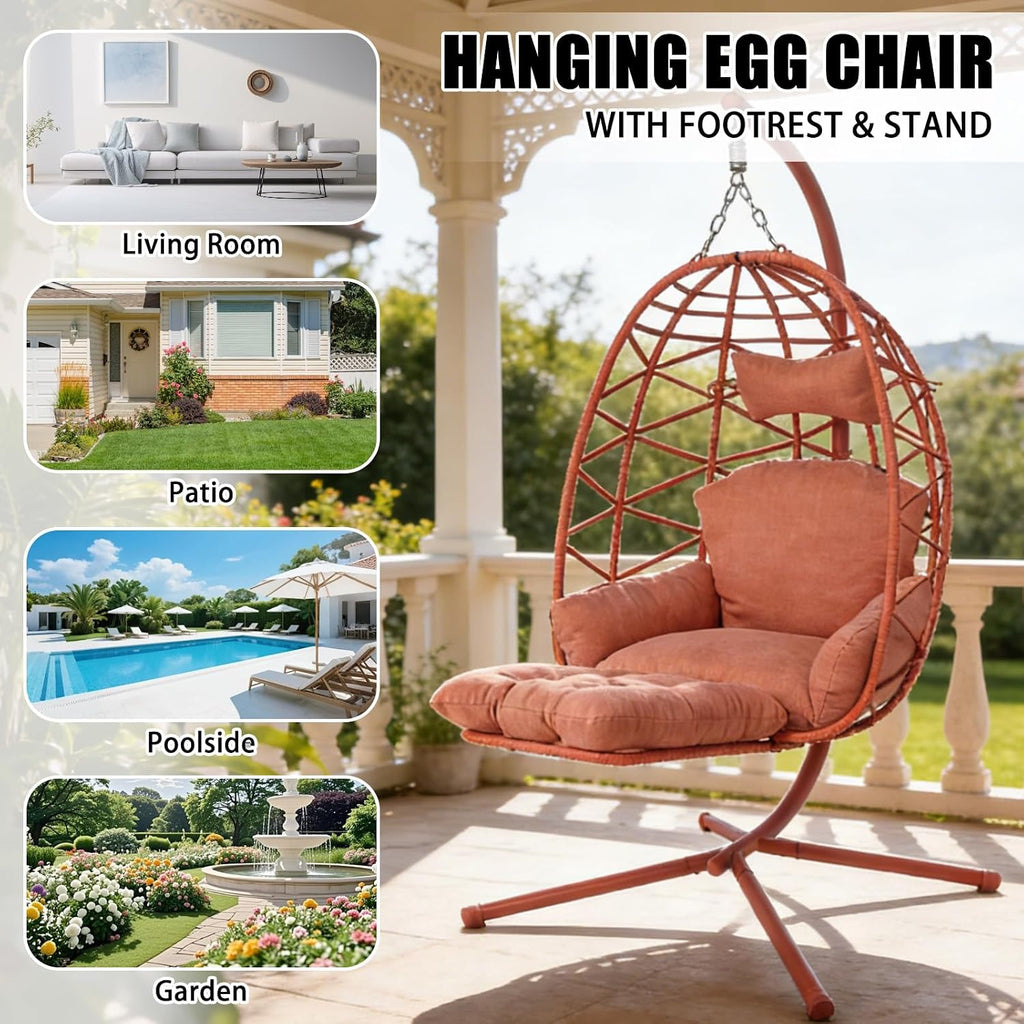 Hanging Egg Chair with Stand & Leg Rest,Rattan Wicker Swing Chair with Cushion,Patio Basket Hanging Chair Wicker Hammock Chair for Indoor Outdoor Bedroom Garden,300LBS (Orange-Red Rattan&Cushion)