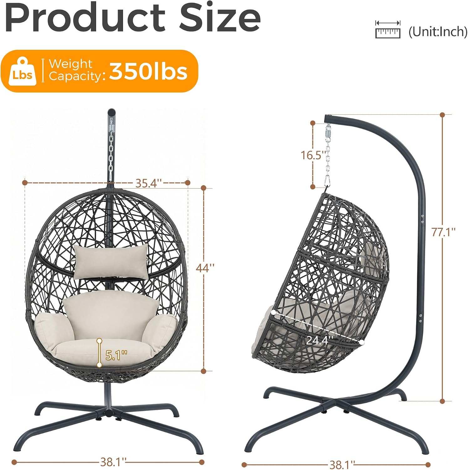 BULEXYARD Oversized Hanging Egg Chair with Stand, Indoor Outdoor Grey Wicker Bird Cage Swing Chair, Patio Hammock Swinging Chair with Beige Cushion for Balcony, Porch, 350lbs Capacity
