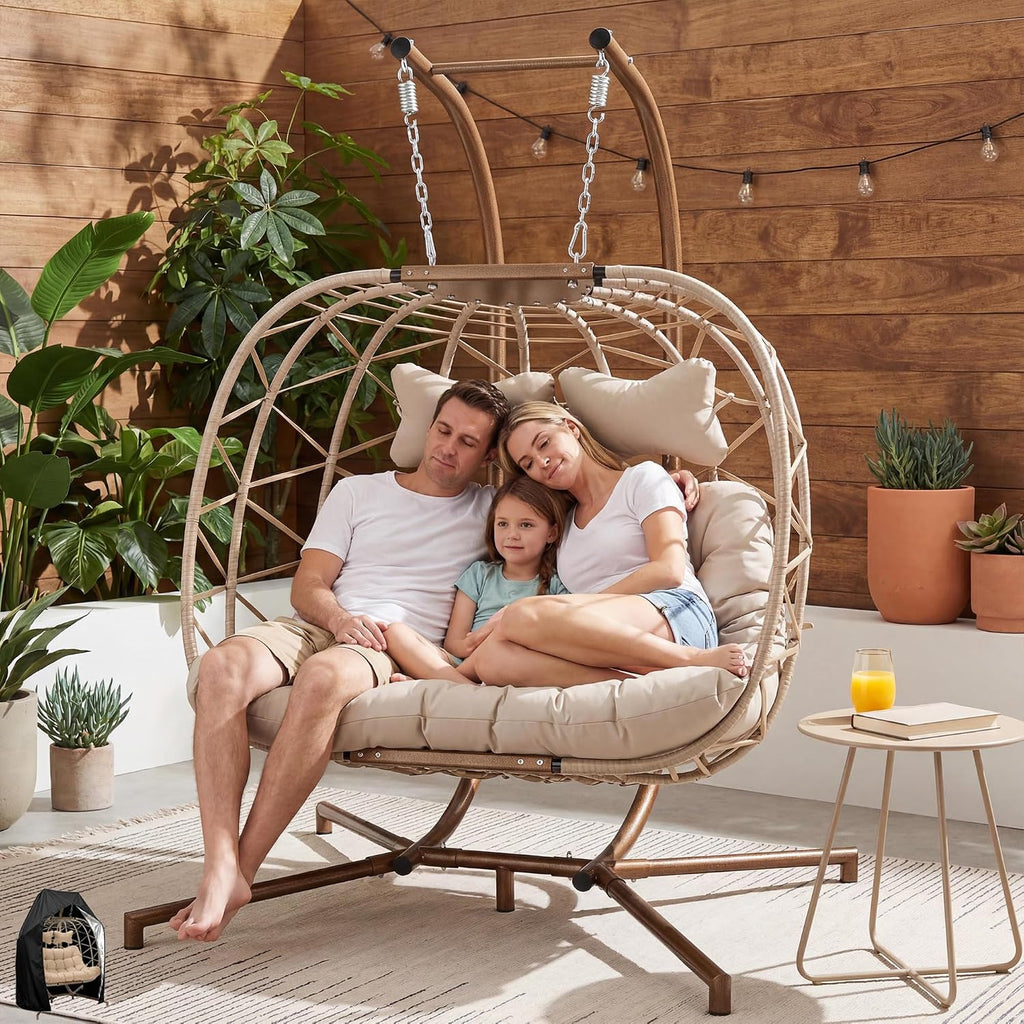 BLUEXYARD Outdoor Double Egg Swing Chair with Cover and Stand, 2 Person Sturdy Hanging Wicker Hammock Chair, Comfy Patio Loveseat with Cushion for Porch Balcony Bedroom Backyard, Beige
