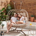 BLUEXYARD Outdoor Double Egg Swing Chair with Cover and Stand, 2 Person Sturdy Hanging Wicker Hammock Chair, Comfy Patio Loveseat with Cushion for Porch Balcony Bedroom Backyard, Beige