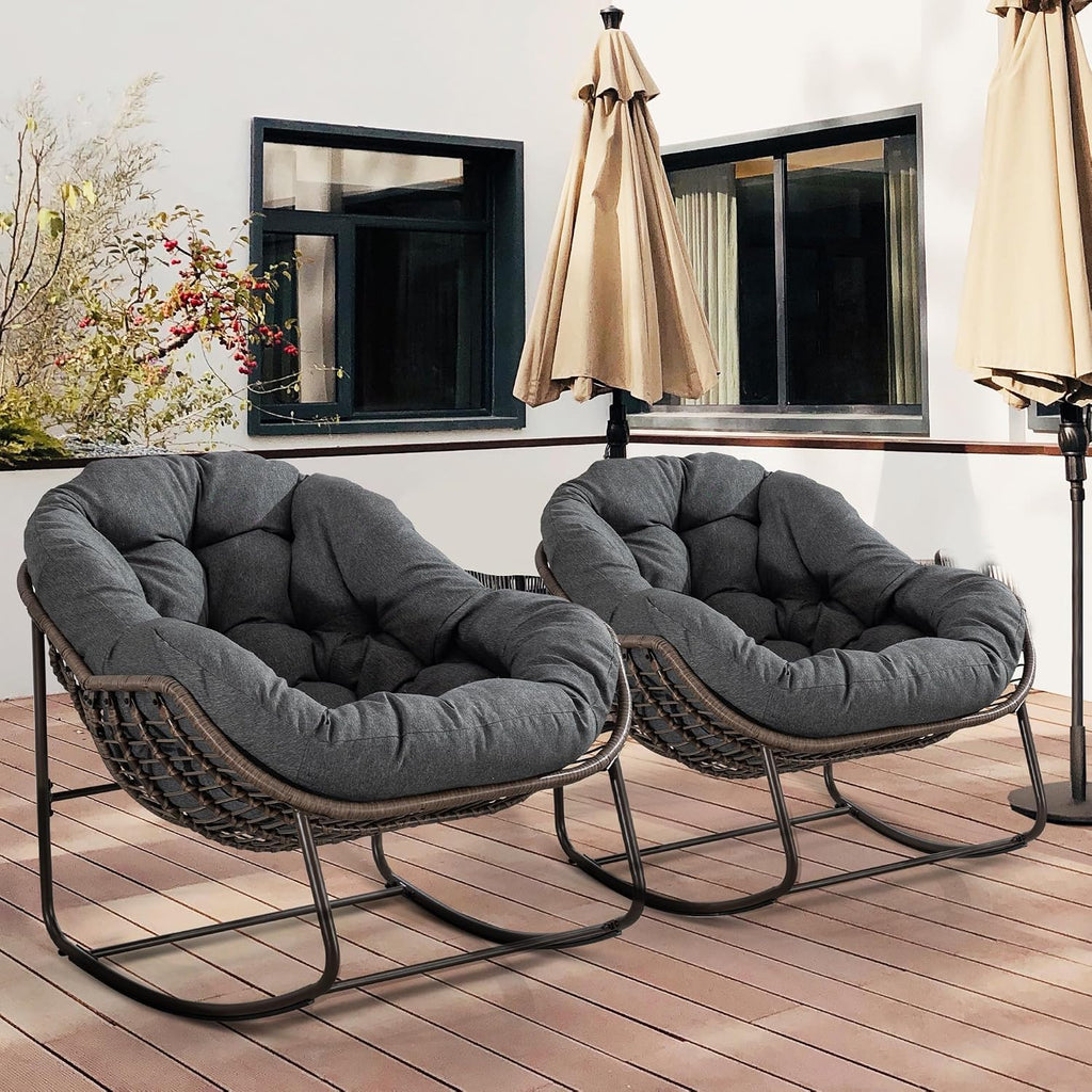 HOMEFUN Outdoor Patio Rocking Chairs Set of 2, Oversized Papasan Rock Chair Indoor with Padded Cushion - Rocker Egg Seat for Front Porch, Garden, Backyard Gray