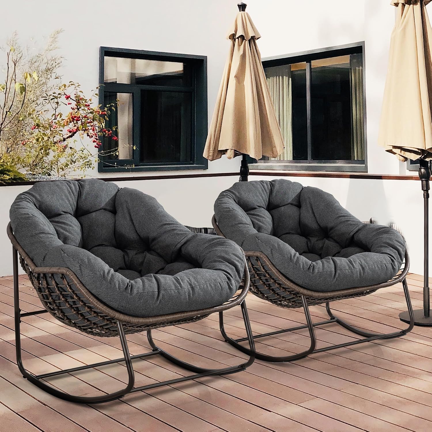 HOMEFUN Outdoor Patio Rocking Chairs Set of 2, Oversized Papasan Rock Chair Indoor with Padded Cushion - Rocker Egg Seat for Front Porch, Garden, Backyard Gray