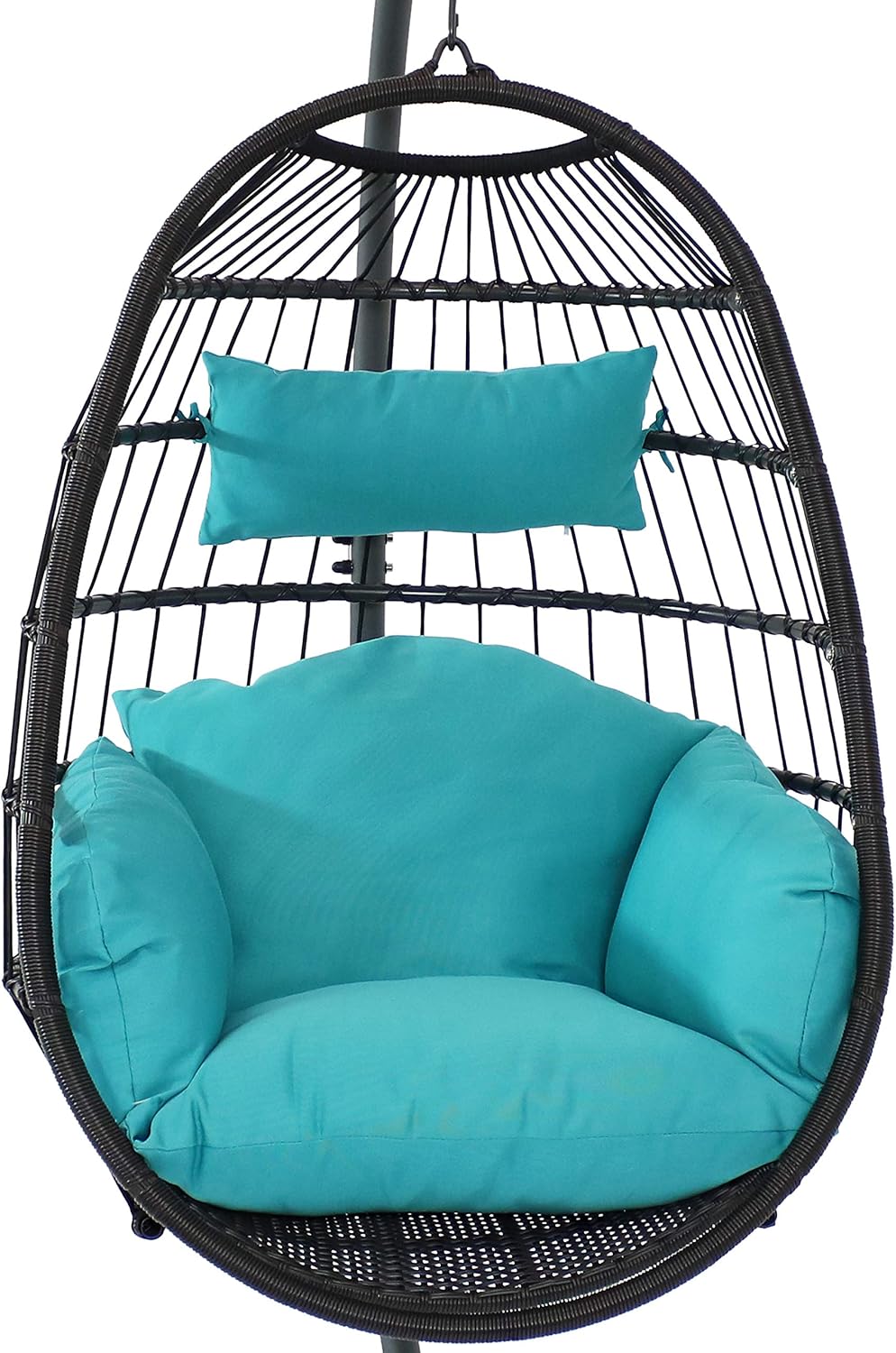 Sunnydaze Penelope Hanging Egg Chair with Turquoise Seat Cushions and Steel Stand - Black Wicker Chair - 78-Inch