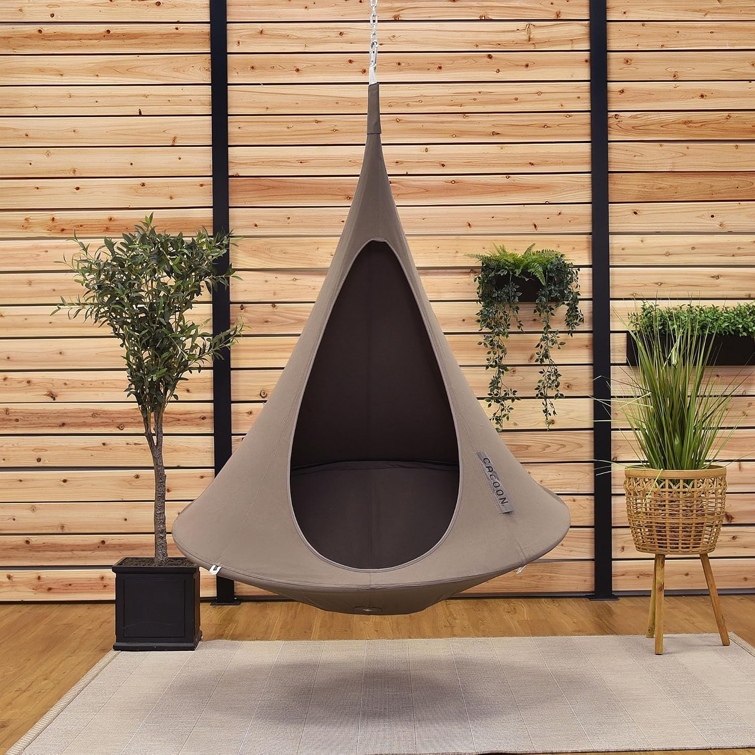 Kids Cacoon Hanging Chair - Weight Capacity 220Lbs - Outdoor and Indoor Use - Hanging Kit Included - Aluminum Ring for Durability (Taupe)