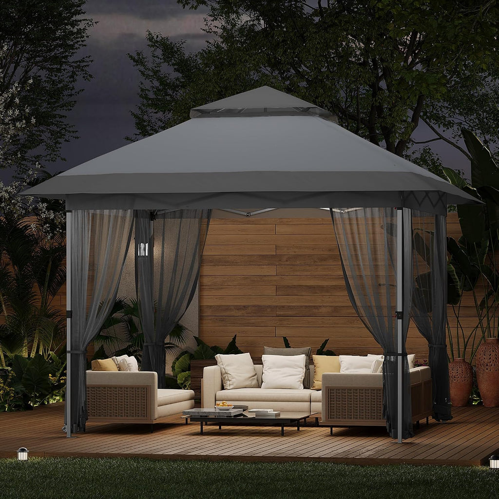 12x12ft Instant Pop Up Gazebos, Modern Waterproof Canopy Tent with Mosquito Netting, Outdoor Canopy Shelter with Wheeled Carry Bag for Patio/Garden/Backyard/Party-All-Weather&All Season(Gray+White)