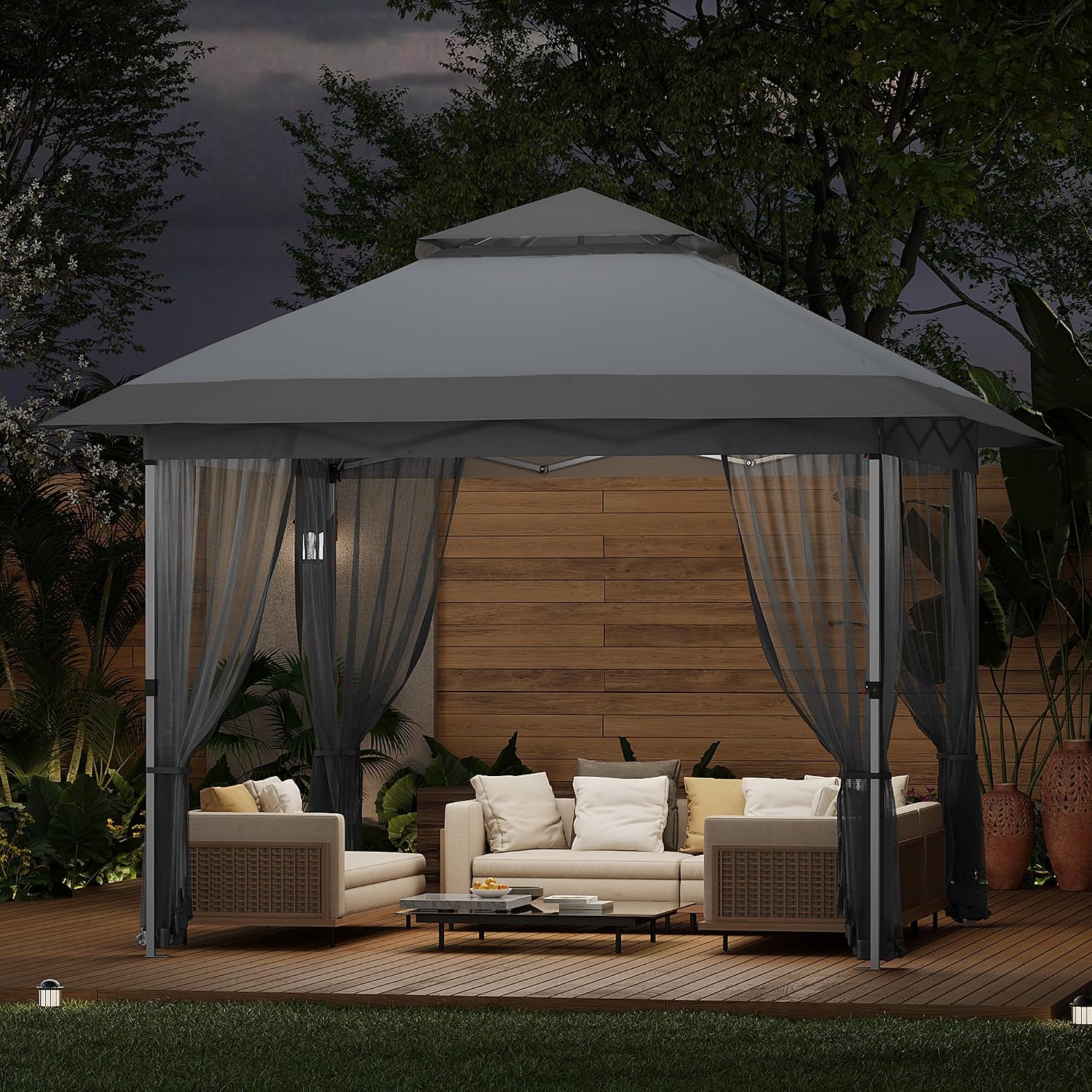 12x12ft Instant Pop Up Gazebos, Modern Waterproof Canopy Tent with Mosquito Netting, Outdoor Canopy Shelter with Wheeled Carry Bag for Patio/Garden/Backyard/Party-All-Weather&All Season(Gray+White)