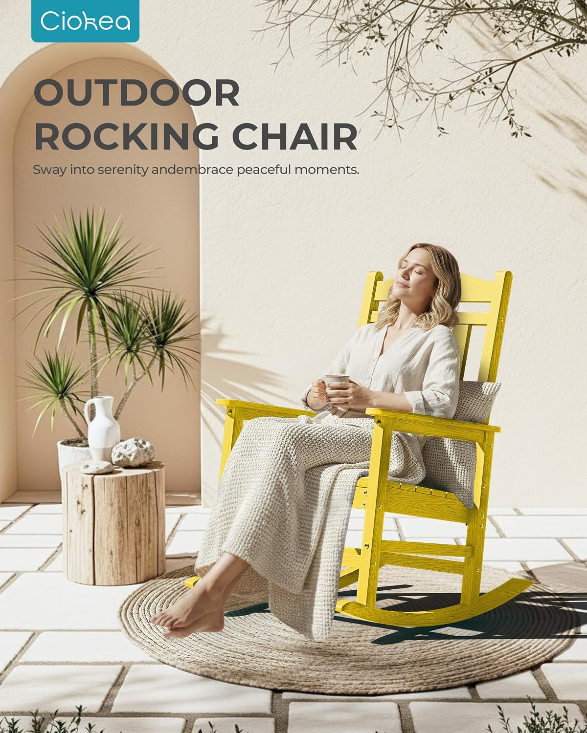 Ciokea Oversized Outdoor Rocking Chair, 380lbs Heavy-Duty Large Patio Rocker, Weather Resistant & Anti-Fade Porch Chair, High Back Cozy Rocking Chair for Outside, Fire Pit, Deck, Garden, Citron Yellow