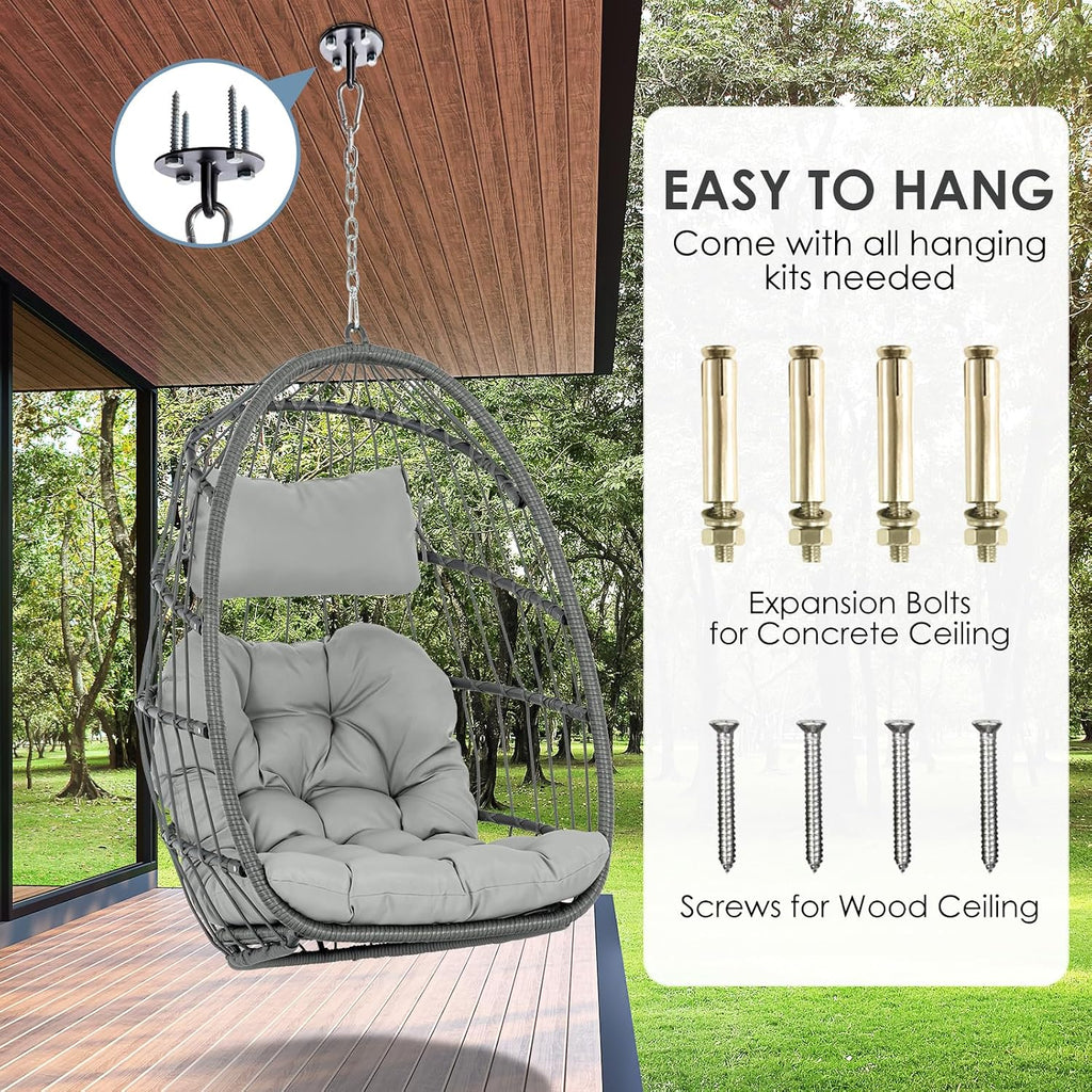 Hanging Egg Chair Without Stand - Foldable Indoor Outdoor Wicker Rattan Swing Egg Chair with Hanging Chain Hammock Chair - UV Resistant Cushions & Aluminum Frame for Bedroom Patio Camping (Grey)
