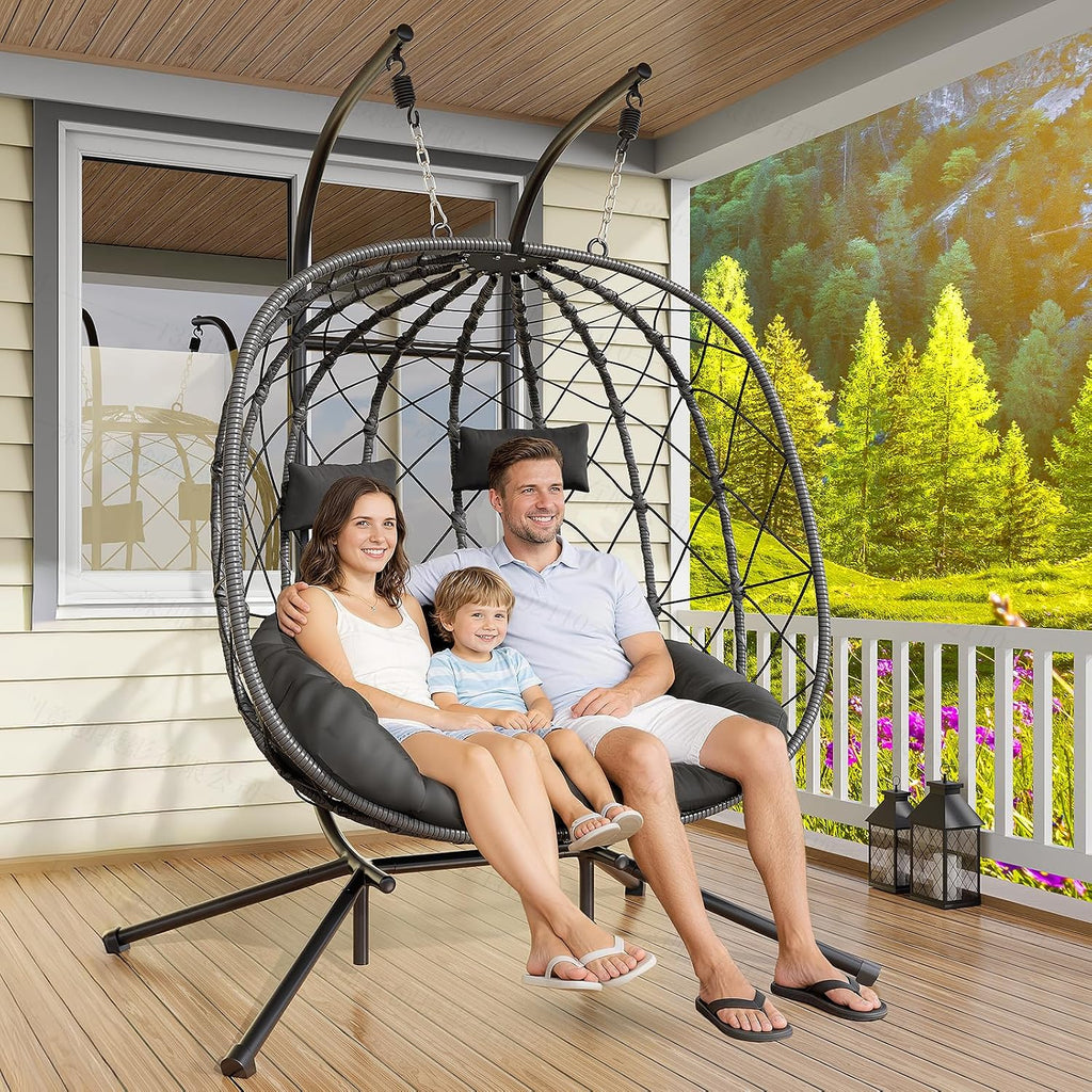 CHABATREE Double Egg Swing Chair with Stand - 2 Person Outdoor Patio Hanging Wicker Hammock Chair with Cushion, Dark Grey, for Garden, Lawn, Bedroom, Indoor/Outdoor Use