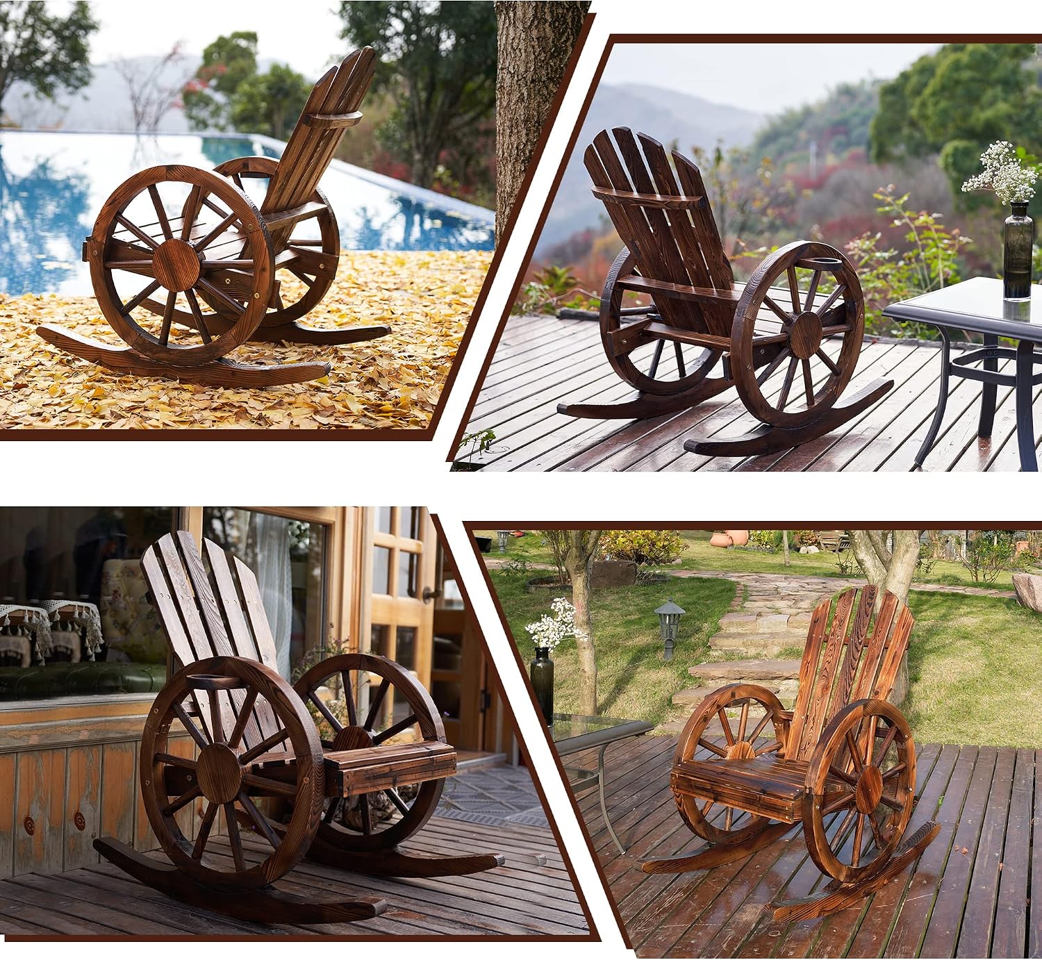 Spurgehom Outdoor Wood Rocking Chair, Patio Decor Yard Glider Rocking Chairs with Slatted Design, Adirondack Rocking Chair for Porch Lawn Garden Balcony Poolside, Brown