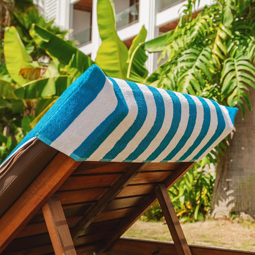 Arkwright California Chaise Lounge Cover - Case of 12 - Striped Soft Cotton Cabana Towel with Pocket Holder for Beach Pool Outdoor Chair, 30 x 85 in., Blue