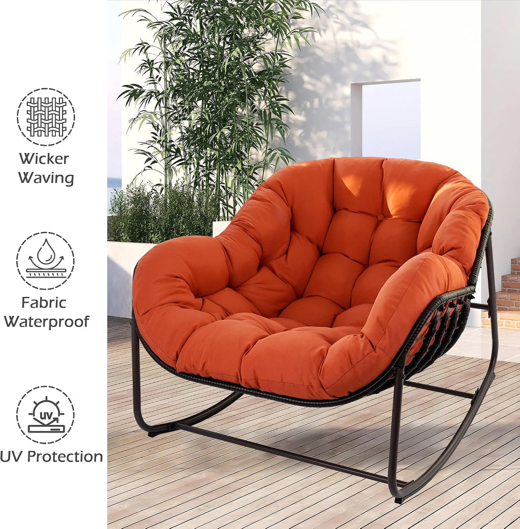 Papasan Rocking Chair, Oversized Papasan Chair with Cushion and Frame for Indoor& Outdoor, Deep Seat Egg-Shaped Rocker Chair for Garden, Deck, Living Room, Red