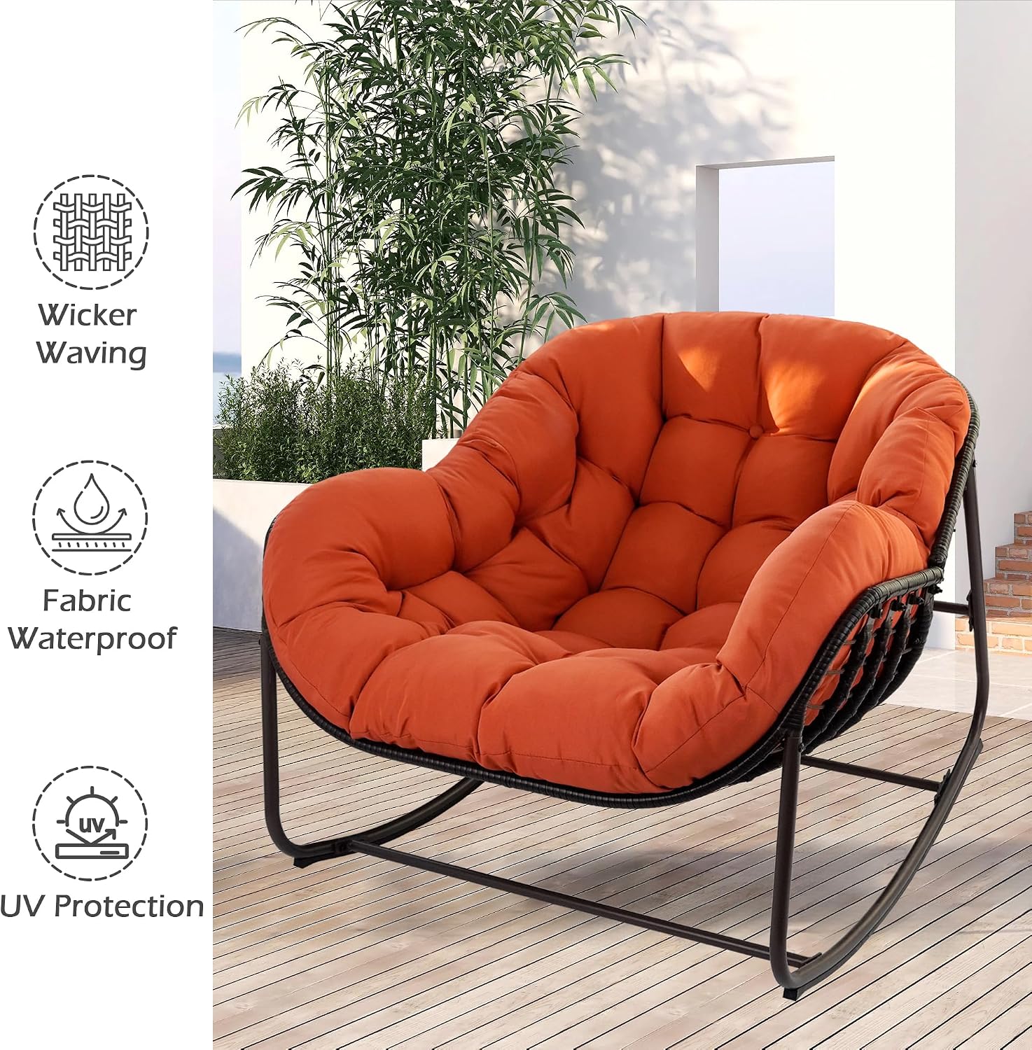Papasan Rocking Chair, Oversized Papasan Chair with Cushion and Frame for Indoor& Outdoor, Deep Seat Egg-Shaped Rocker Chair for Garden, Deck, Living Room, Red
