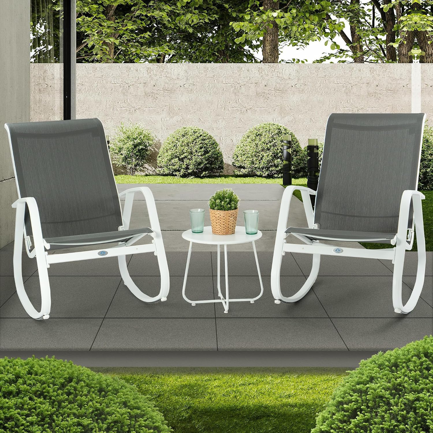 Kozyard 3-Piece Outdoor Rocking Chair Set, Patio Bistro Set 2 Sling Rockers with Side Table, Powder-Coated Aluminum Frame, Breathable Textilene Fabric for Porch, Garden, Balcony Gray