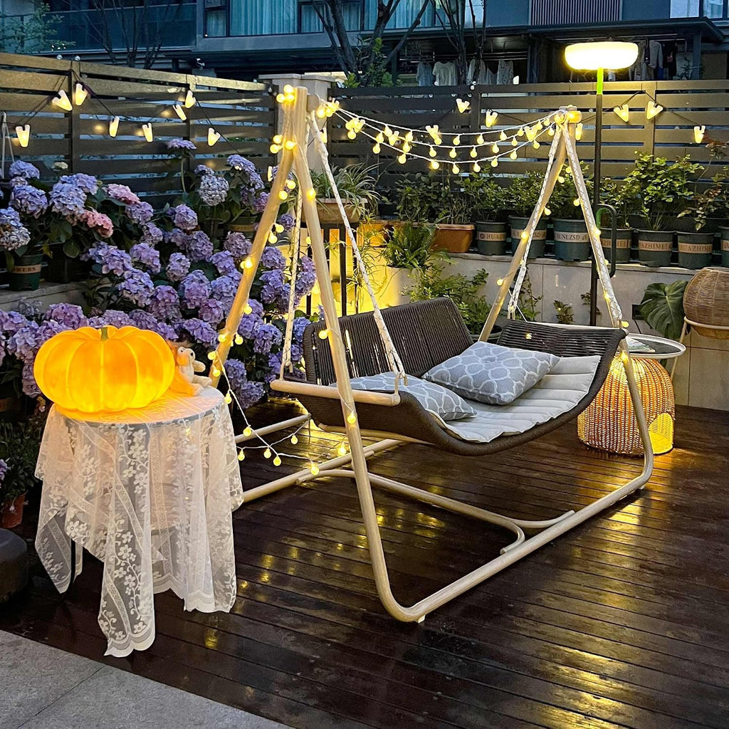 PURPLE LEAF 2 Seat Porch Swing with 12 White LED Lights Outdoor Hand-Woven Rattan Hanging Cloud Swing Chair for Indoor Backyard Garden Patio Hammock Swinging, Cushion and Pillows Included