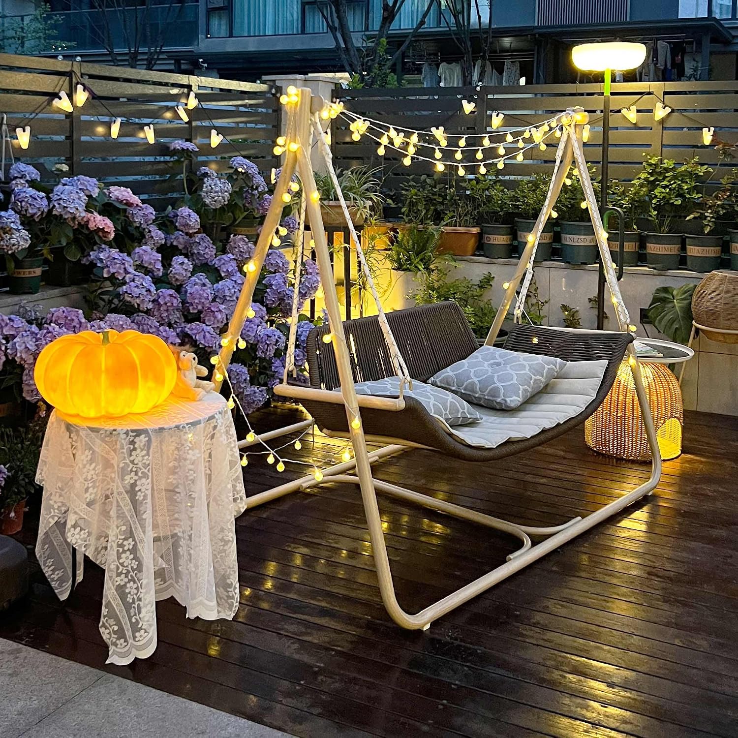 PURPLE LEAF 2 Seat Porch Swing with 12 White LED Lights Outdoor Hand-Woven Rattan Hanging Cloud Swing Chair for Indoor Backyard Garden Patio Hammock Swinging, Cushion and Pillows Included