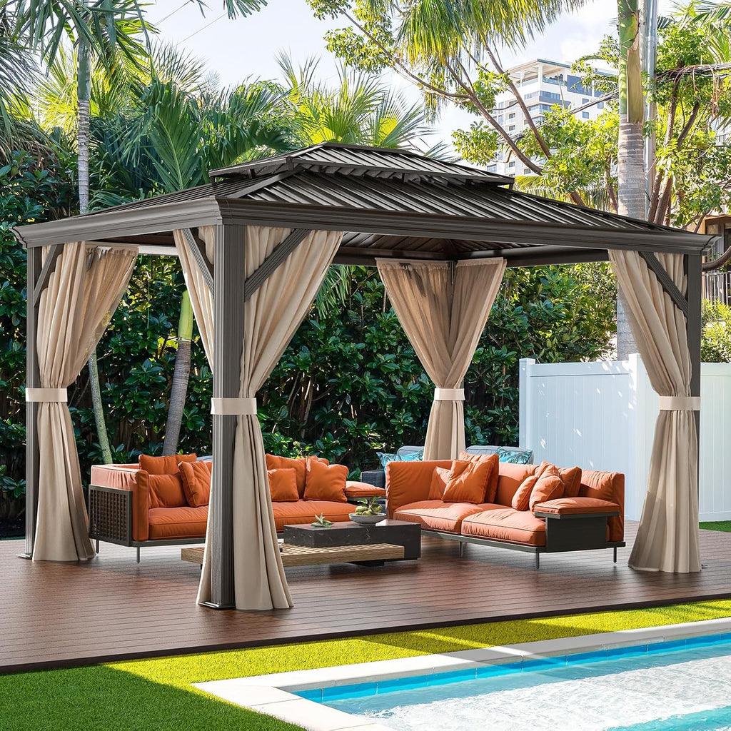 VINGLI 10' x 12' Outdoor Hardtop Gazebo Galvanized Steel Double Roof Outdoor Gazebo with Netting and Curtains Aluminum Frame for Garden,Patio,Lawn,Party