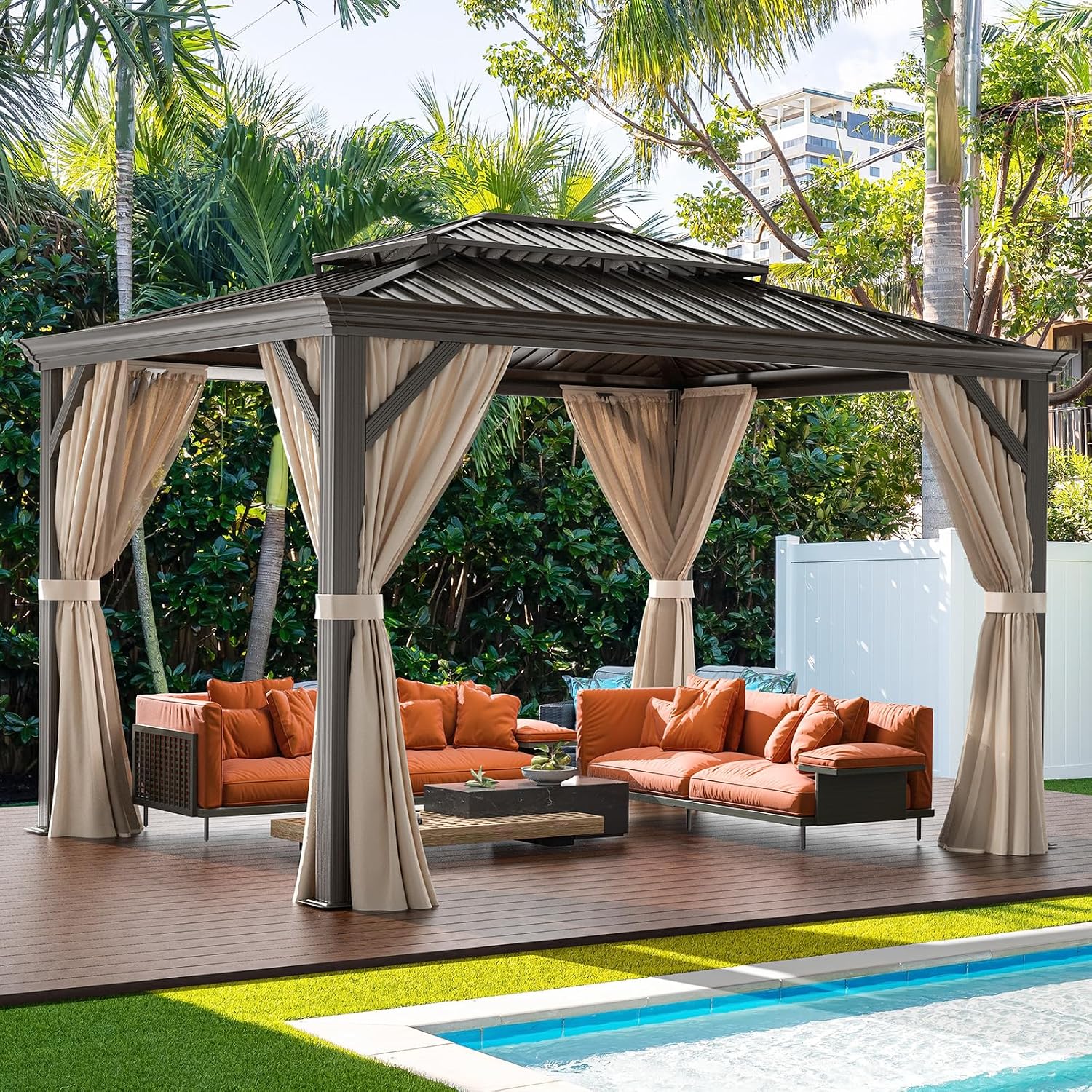 VINGLI 10' x 12' Outdoor Hardtop Gazebo Galvanized Steel Double Roof Outdoor Gazebo with Netting and Curtains Aluminum Frame for Garden,Patio,Lawn,Party