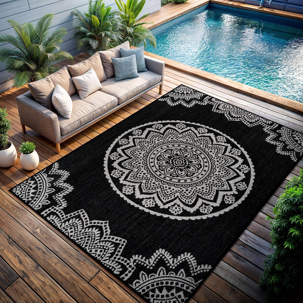 CAMILSON Outdoor Rug 9x12 Modern Large Area Rugs for Indoor and Outdoor Patios and Porches - Waterproof Washable Non-Shedding Easy-to-Clean Outside Carpet (9 x 12 Medallion - Black/White)
