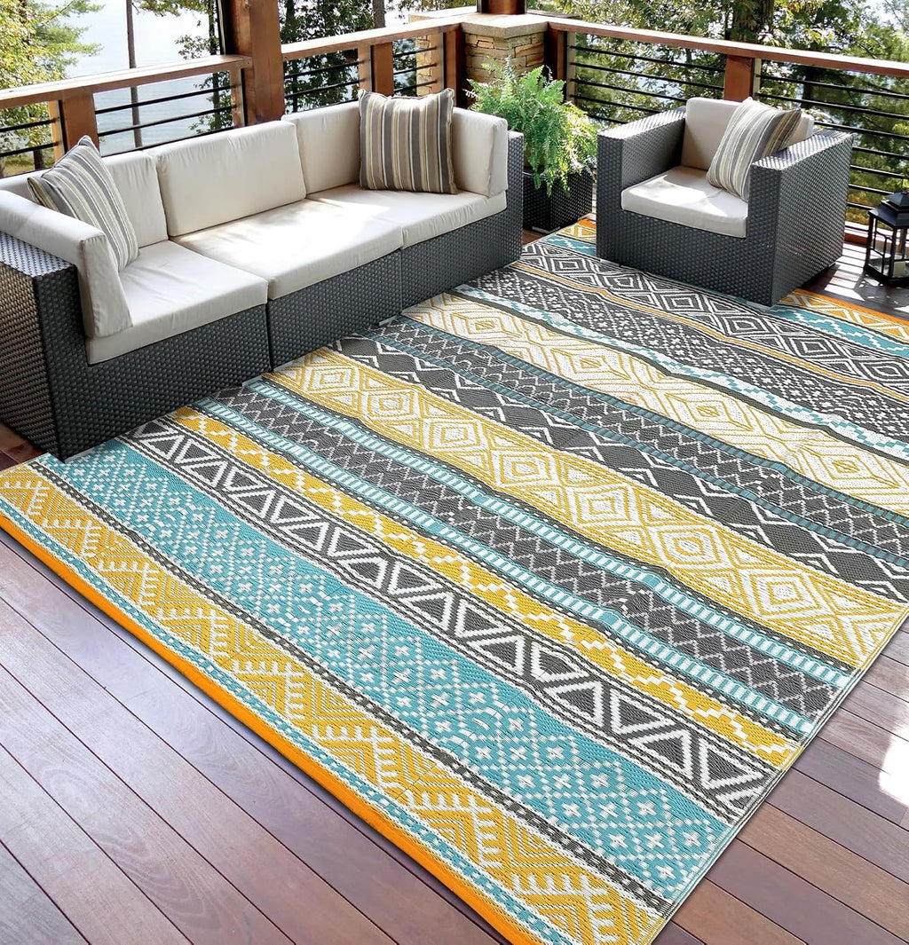 Garvee Outdoor Rug 10 ft x 20 ft Waterproof for Patios Clearance, Reversible Outdoor Plastic Straw Camping Rug Carpet, Large Rugs Mats for RV, Camper, Deck, Balcony, Porch, Beach, Picnic,Yellow & Gray