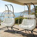 Easyego Set of 2 Wicker Hanging Egg Chairs with Stand, 700 lb Capacity, Indoor/Outdoor Double Egg Swing Hammock Chairs for Patio, Garden, Porch, Living Room, Bedroom, Beige