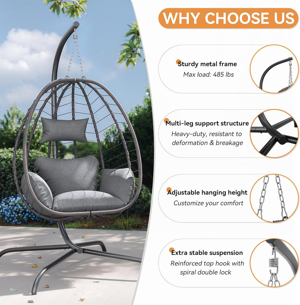 2 Pieces Outdoor Hanging Egg Chair with Stand,Patio Wicker Swing Egg Chair Hammock Chair with UV Resistant Cushion,All-Weather 485lbs Capacity for Bedroom,Balcony,Garden,Grey