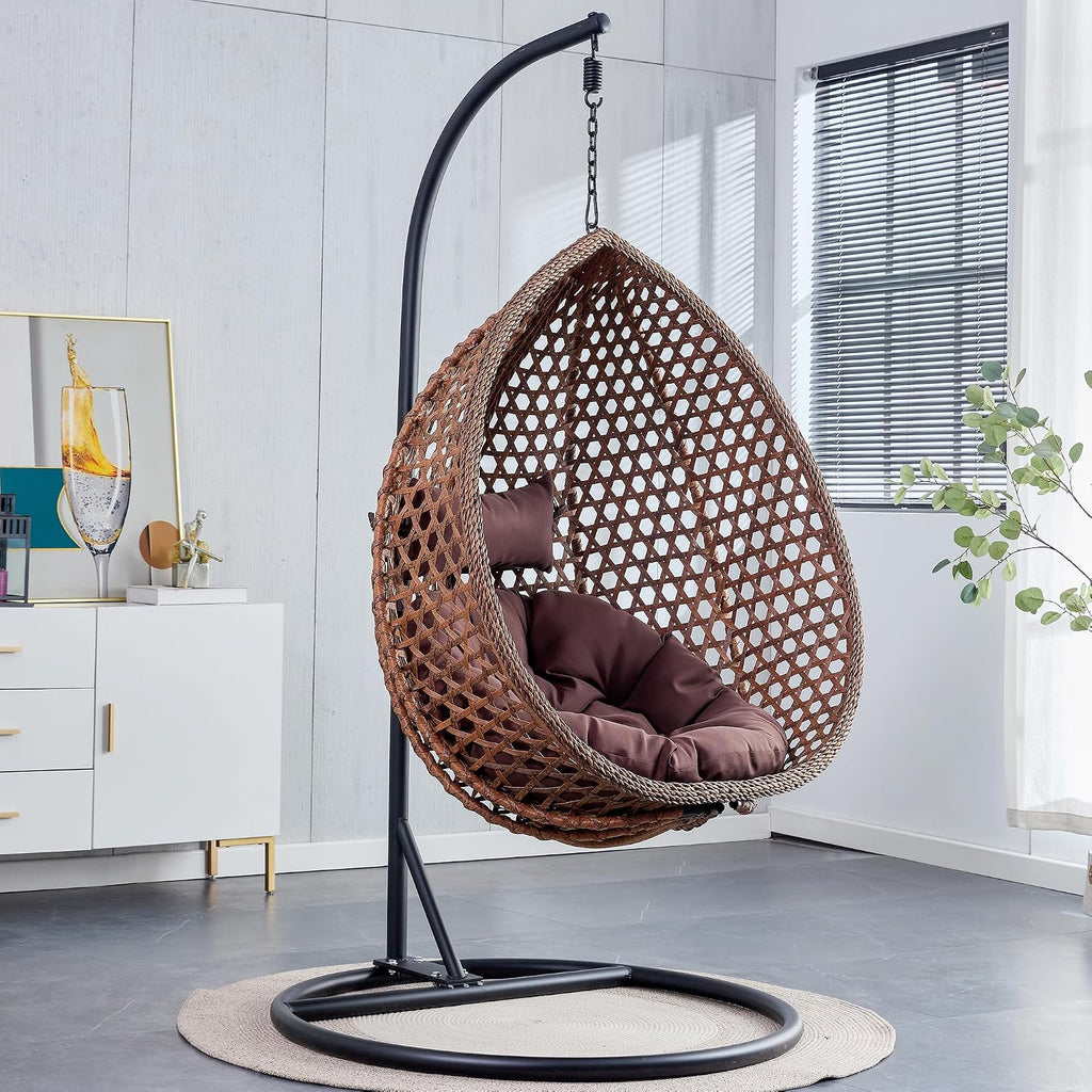 Brown Egg Swing Chair with Stand,Hanging Egg Chair Indoor Outdoor with Cushion and Pillow,Modern Wicker Swing Chair,300lbs Capacity for Porch,Patio,Garden, Bedroom, Balcony,Yard