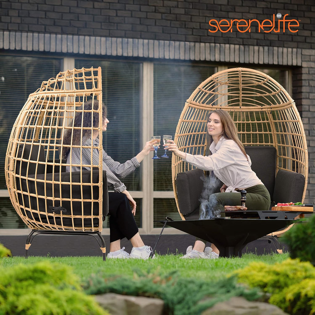 SereneLife Indoor/Outdoor Wicker Rattan Egg Chair with Cushions, Patio Hanging Egg Chair with Steel Frame, Washable Pillows, for Porch, Deck, Garden or Bedroom, 440 lbs. Capacity