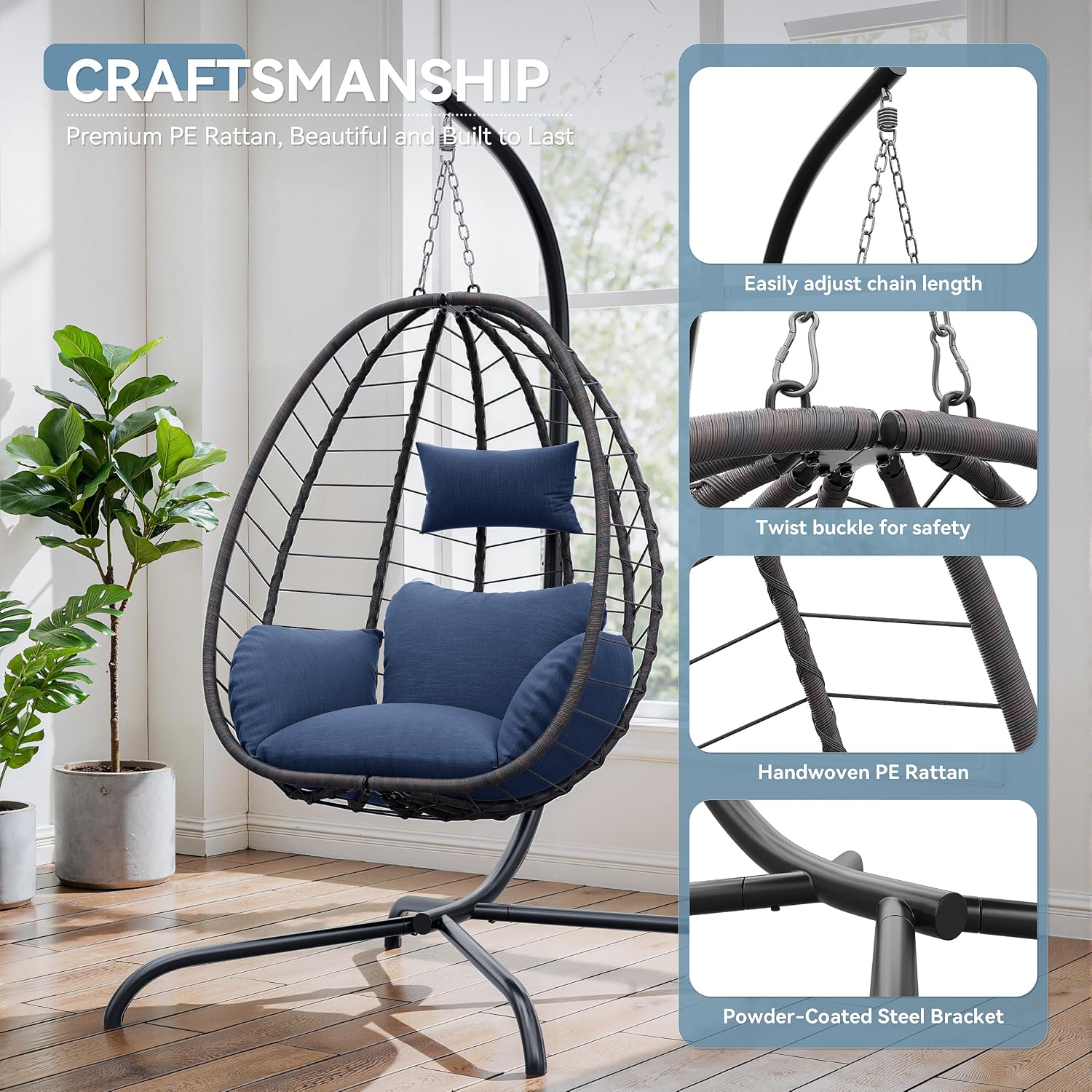 ALAULM Foldable Egg Chair with Stand, 485LBS Capacity Wicker Rattan Hammock Swing Chair for Outdoor & Indoor, Patio Hanging Chair with Strong Frame & UV Resistant Cushion for Balcony, Bedroom, Blue