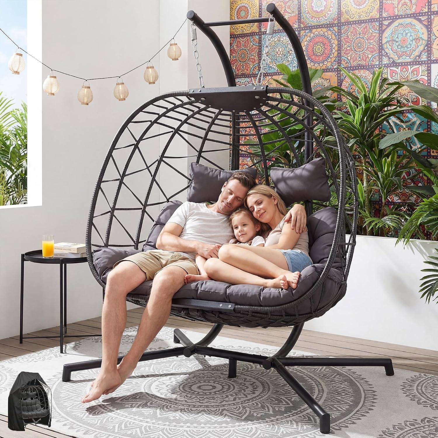 BULEXYARD Double Hanging Egg Swing Chair with Removable Cover, Extra Large 2 Person Patio Chair with Stand, Comfy Wicker Loveseat with Cushion for Indoor Outdoor Balcony Backyard, Dark Gray