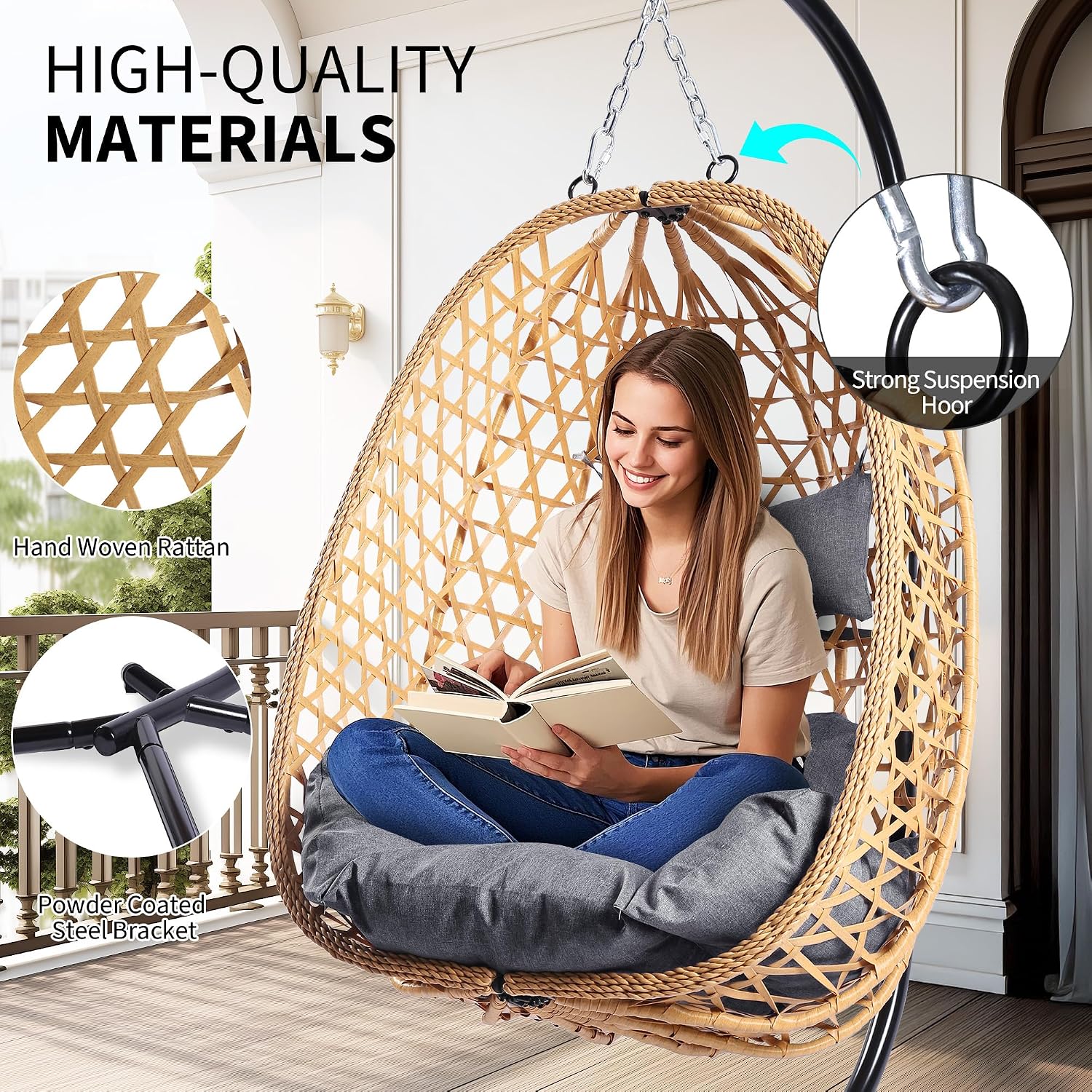 LEX CRAFT Egg Chair with Stand, Patio Wicker Hanging Chair, Hammock Swing Chair, 350LBS Capacity for Bedroom, Balcony, Garden (YE-GR)