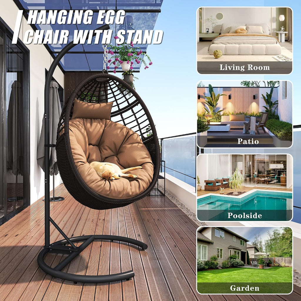 Hanging Egg Chair Hammock with Stand Wicker Rattan for Indoor Outdoor Patio Bedroom Swing with Steel Frame and Soft Cushion