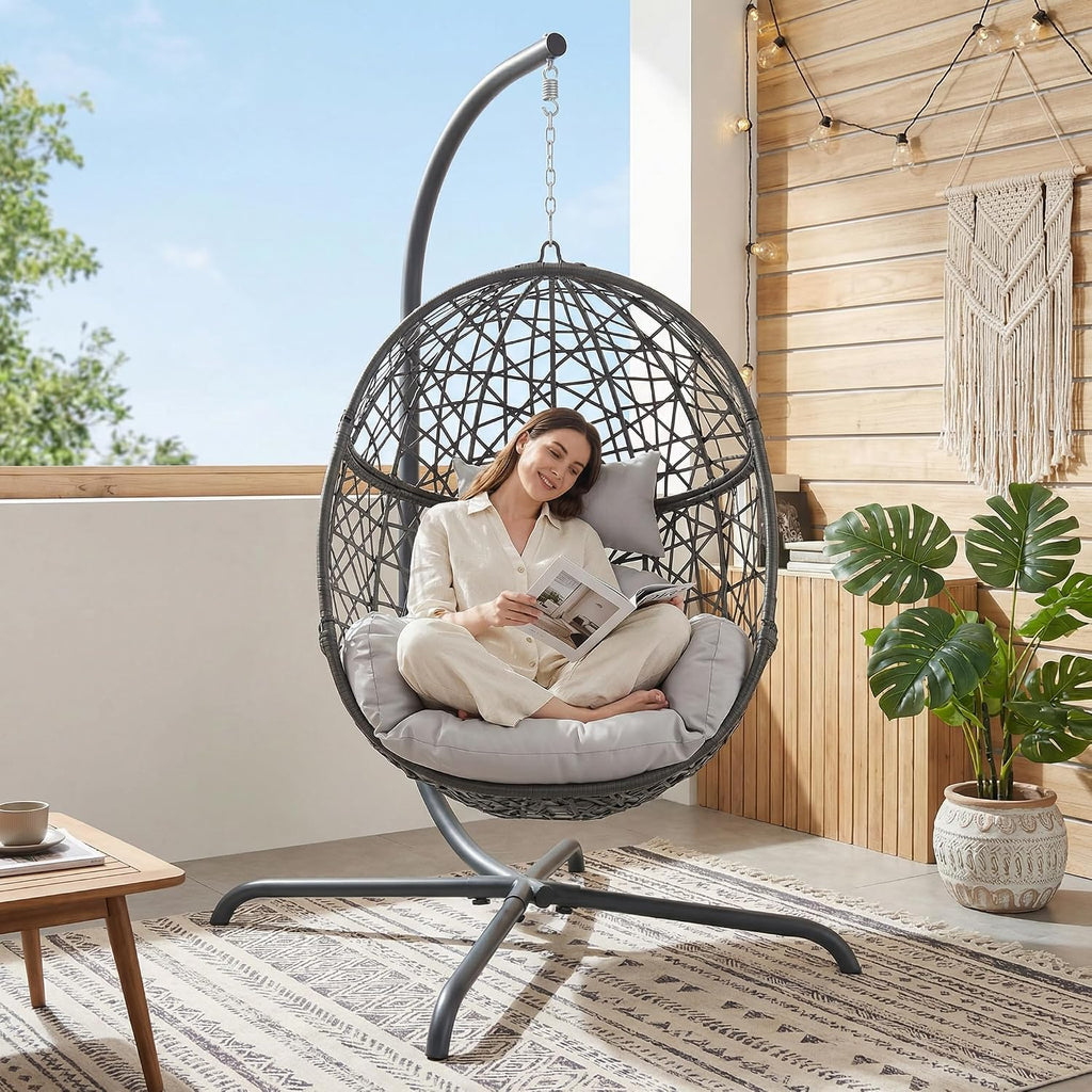 BULEXYARD Oversized Hanging Egg Chair with Stand, Indoor Outdoor Grey Wicker Bird Cage Swing Chair, Patio Hammock Egg-Shaped Chair with Light Grey Cushion for Sunroom, Deck, 350lbs Capacity