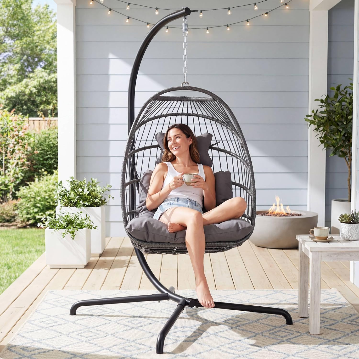 RADIATA Foldable Swing Egg Chair with Stand and Water-Resistant Cover, Outdoor Wicker Hanging Hammock Chair with Cushion, 350Lbs Heavy Duty Eggshell Basket Seat for Balcony Porch Backyard, Dark Grey