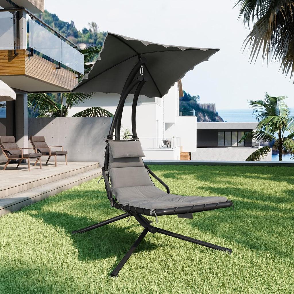GarveeLife Chaise Lounger Swing Chair with Umbrella Canopy, Patio Hanging Chaise Lounger Chair with Stand, Curved Steel Outdoor Lounge Chairs for Indoor Patio Pool Garden Backyard Porch