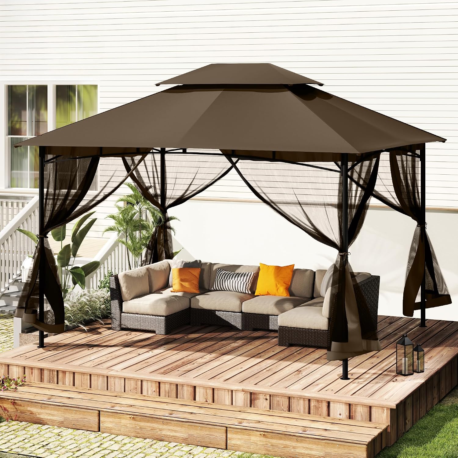 HAPPATIO Patio Gazebo 10' X 12', Ventilated Double Roof & Mosquito Netting, Outdoor Gazebo with Metal Frame, Soft Top Canopy for Backyard, Deck, Poolside, Brown