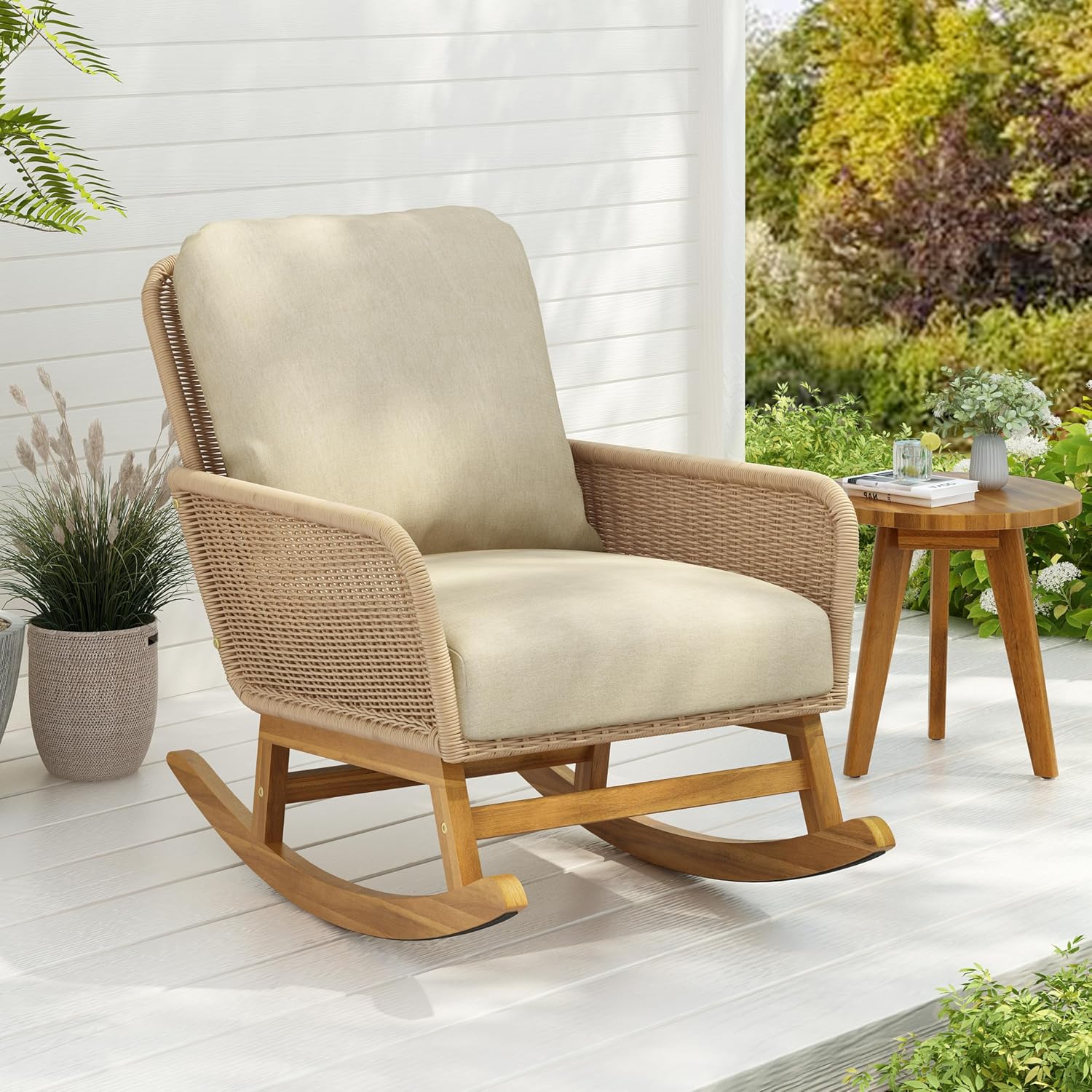 Christopher Knight Home Nadine Patio Rocking Chair, Wicker Rocker, Wood Leg Rocking Chair, PE Rattan Wicker Chair, Rocking Chair with Cushions, Comfort Wicker Rocker for Backyard Balcony Porch, Beige