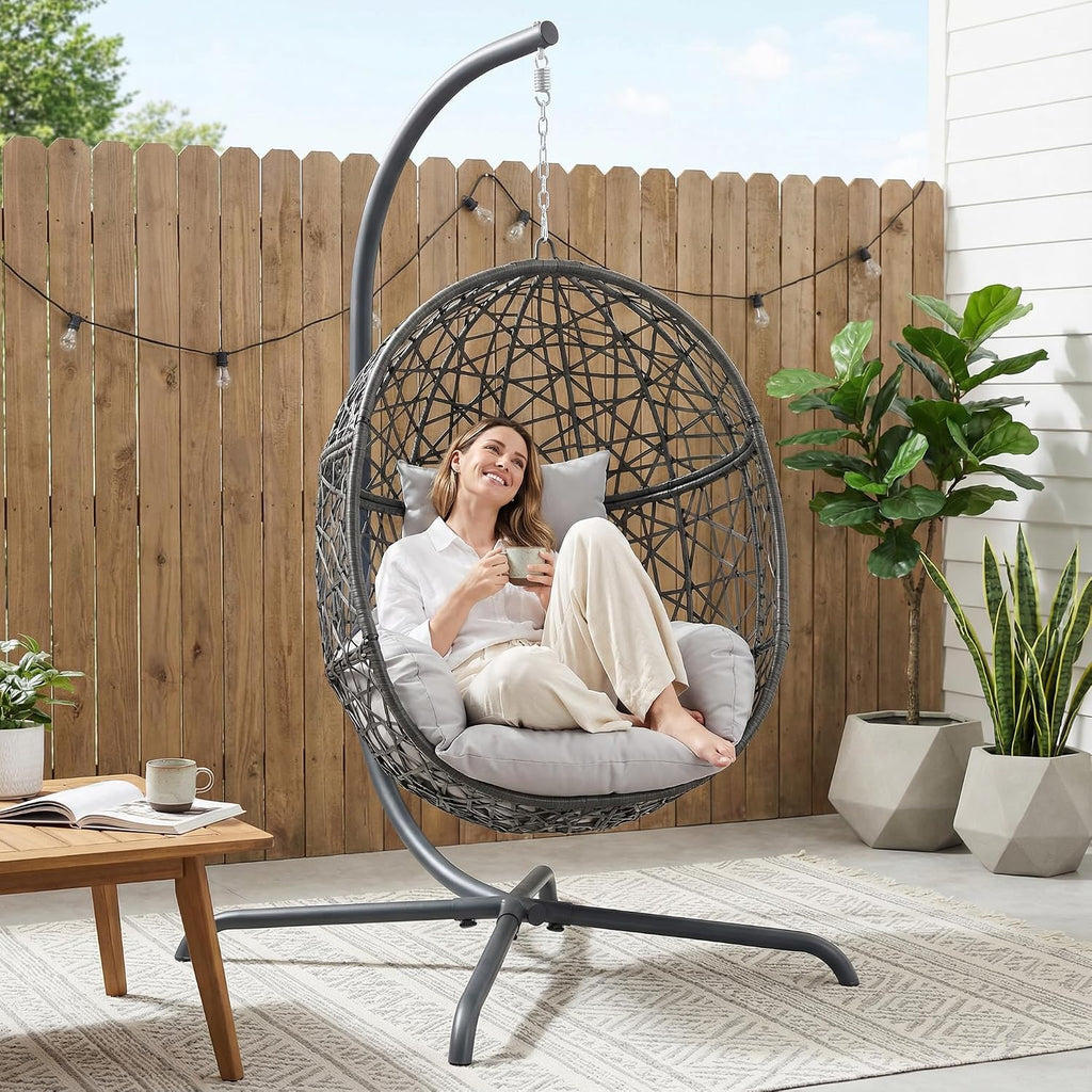 RADIATA Hanging Egg Chair with Stand, Outdoor Egg Swing Chair with Cozy Cushion, 350lbs Rattan Bird Nest Eggshell Basket Seat, Patio Swinging Chair for Indoor Balcony Porch, Grey