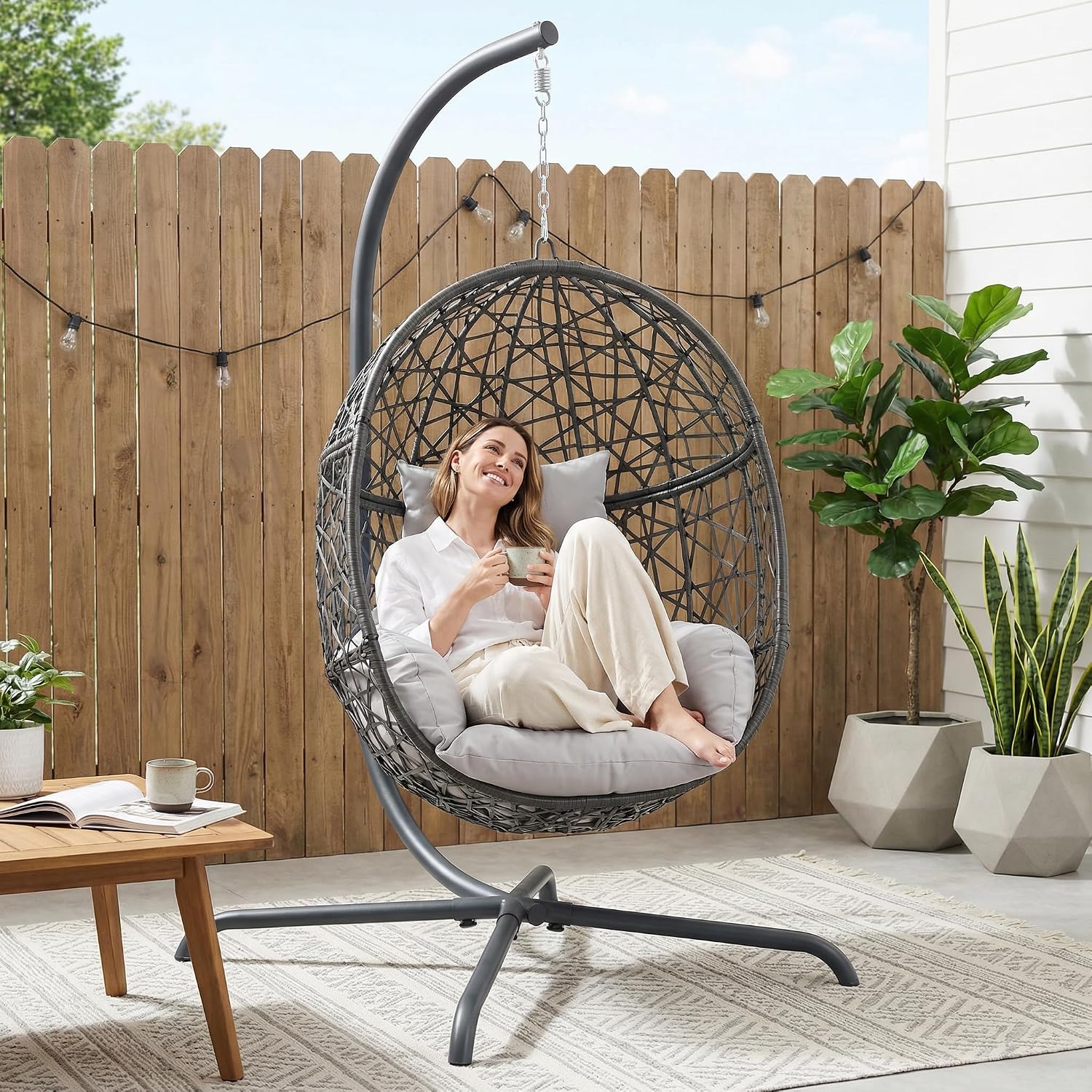 RADIATA Hanging Egg Chair with Stand, Outdoor Egg Swing Chair with Cozy Cushion, 350lbs Rattan Bird Nest Eggshell Basket Seat, Patio Swinging Chair for Indoor Balcony Porch, Grey