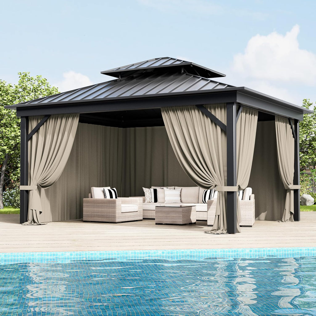 Outdoor Gazebo Curtain Replacement Universal 4-Panel Sidewalls 10' X 13',Outdoor Patio Waterproof Privacy Curtain with Double Zipper for Patio,Garden, and Backyard (Curtain Only)