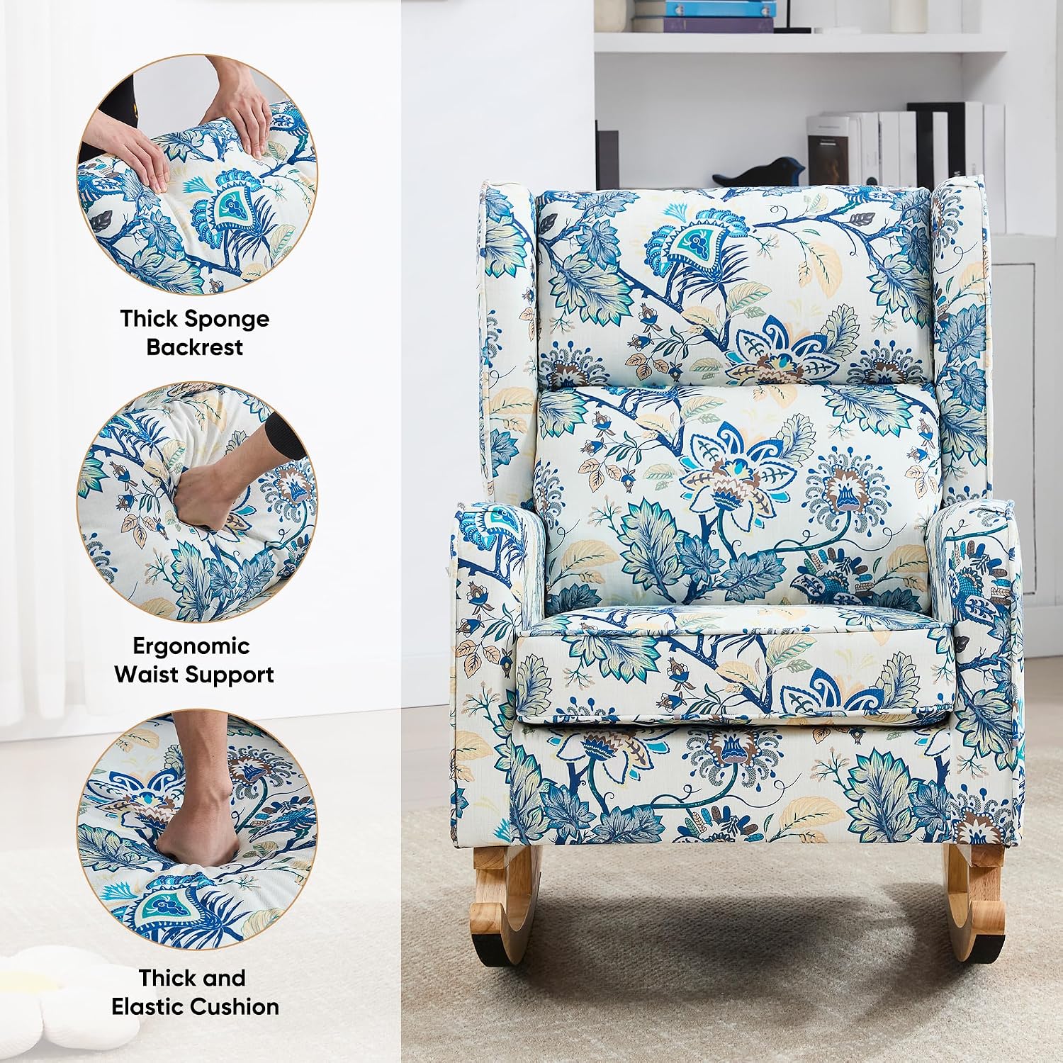 HCHAIRH Nursery Rocking Chairs, Rocking Chair Nursery for Mom Nursery Rocker with High Backrest and Solid Wood Legs, Modern Wingback Accent Chair for Reading Living Room Bedroom, Blue Floral