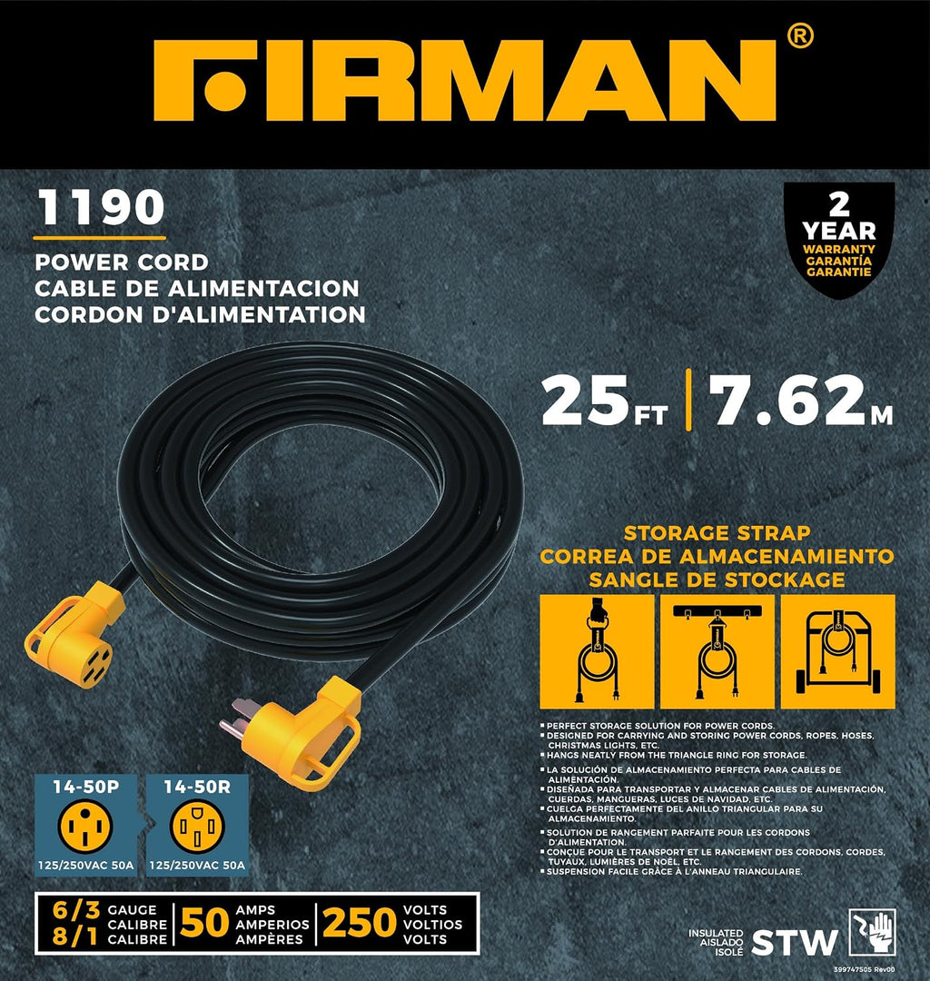 Firman 1190 Heavy Duty 14-50P to 14-50R 25' Extension Power Cord – 50 Amp, RV, Generator & Outdoor Use, Weatherproof, 90-Degree Plug, Durable Power Cable for RVs, Generators, and Heavy-Duty Needs