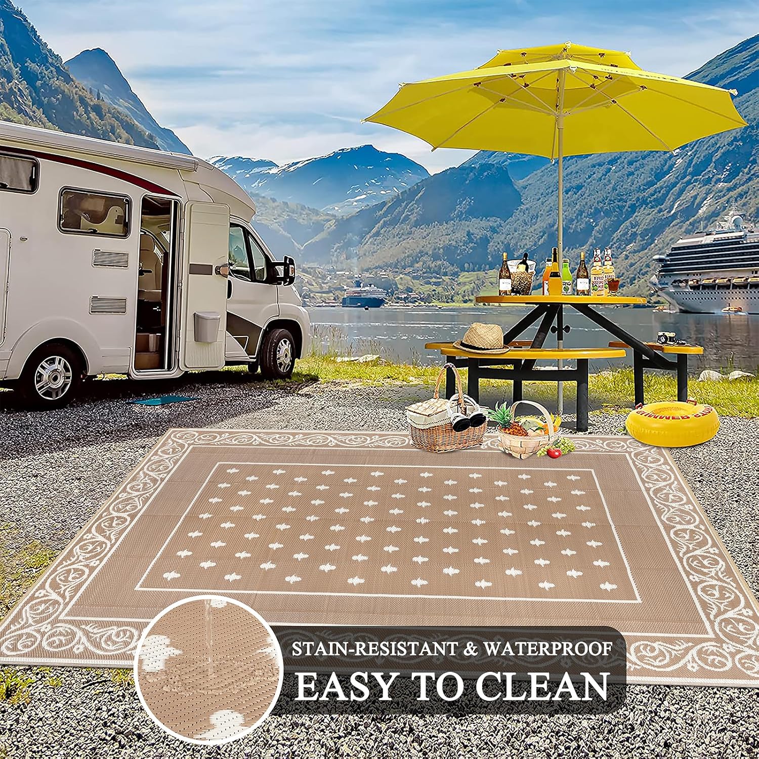 Pauwer Waterproof Outdoor Rug 10x14, Reversible Plastic Straw Patio Camping Rug, Indoor Outdoor RV Mat Carpet for Deck, Camper, Porch, Balcony, Picnic, Bordered Beige