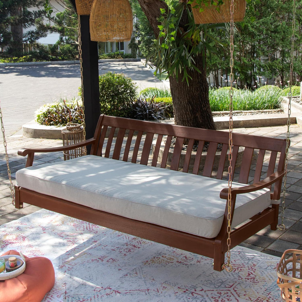 Cambridge Casual Robin Mahogany Wood 6 FT Porch Swing Bed, Upgraded Patio Porch Swing Daybed with Thick Oyster Cushion Support, 750 LBS, Outdoor Swing Bed for Garden, Backyard, or Porch
